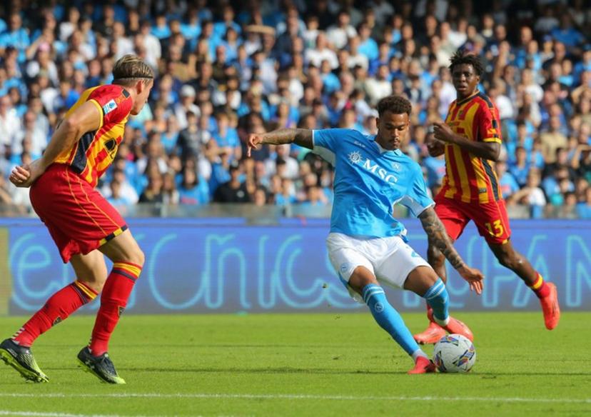 Napoli's Belgian forward #26 Cyril Ngonge kicks the ball during the Italian Serie A football match between Napoli and Lecce at the Diego Armando Maradona stadium in Naples on October 26, 2024.  CARLO HERMANN / AFP
