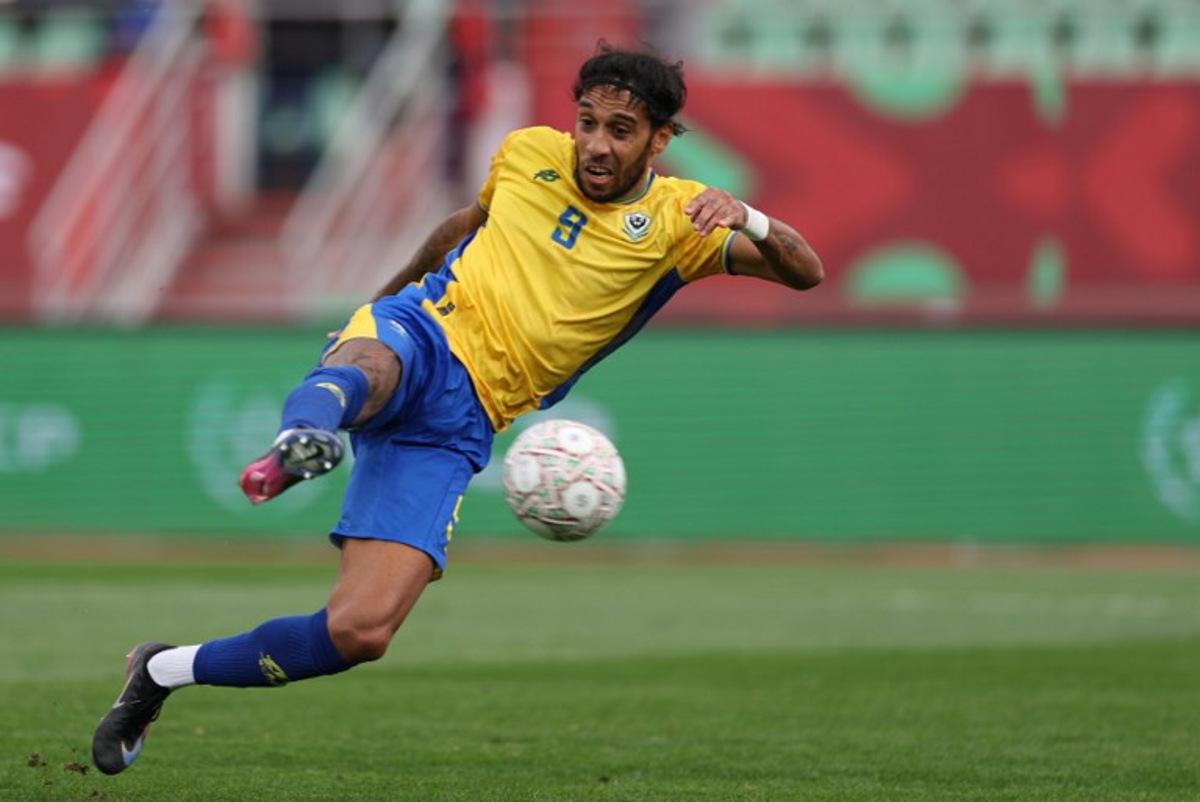Gabon's forward #09 Pierre-Emerick Aubameyang scores a goal during the Africa Cup of Nations (CAN) Group F football match between Gabon and Mozambique at Grand Stadium in Agadir on December 28, 2025.   FRANCK FIFE / AFP