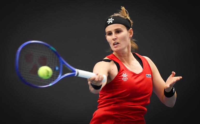 Belgian Greet Minnen pictured in action during a tennis match between Belgian Minnen and Greek Matoula, in the qualifiers of the Billie Jean King Cup tennis, in Vilnius, Lithuania on Tuesday 08 April 2025. PHOTO VIRGINIE LEFOUR