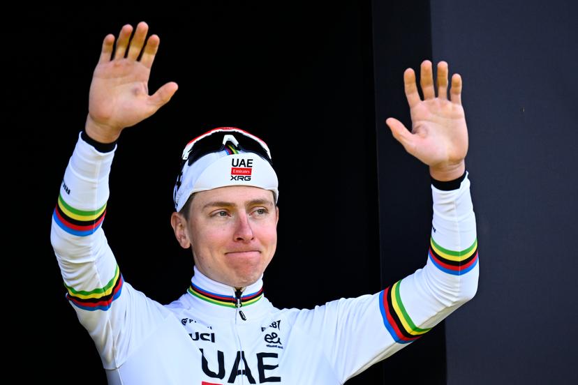 Winner Slovenian Tadej Pogacar of UAE Team Emirates celebrates on the podium of the men's race of the 'Ronde van Vlaanderen/ Tour des Flandres/ Tour of Flanders' UCI WorldTour one day cycling race, 278 km from Antwerp to Oudenaarde, Sunday 05 April 2026. BELGA PHOTO JASPER JACOBS
