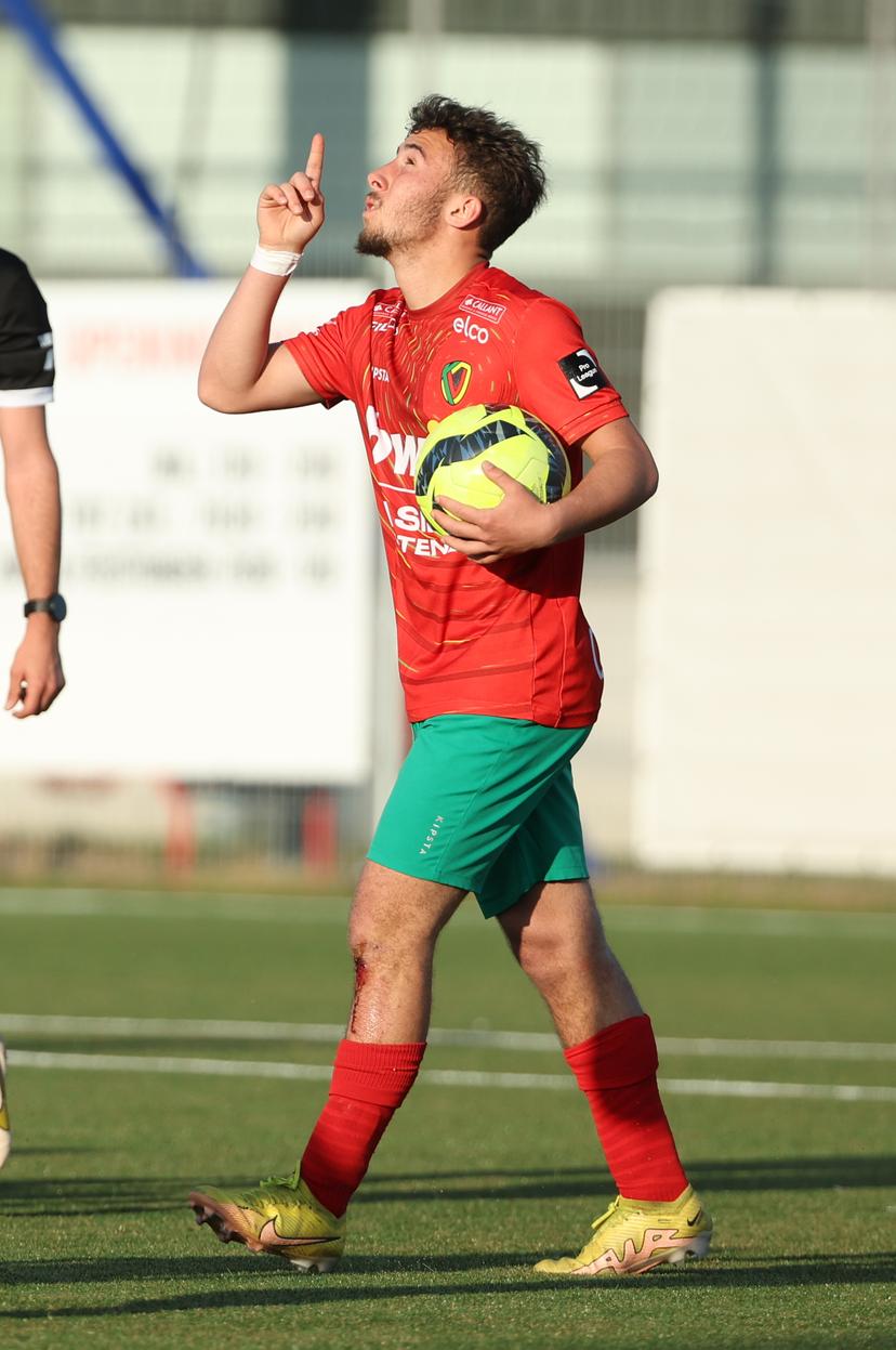 Oostende's Rayan Buifrahi Khbiez celebrates after scoring during a soccer match between U21 KAA Gent and U21 KV Oostende, Wednesday 24 May 2023 in Aalter, a final game in the Pro League Cup Under 21 category. BELGA PHOTO DAVID PINTENS
