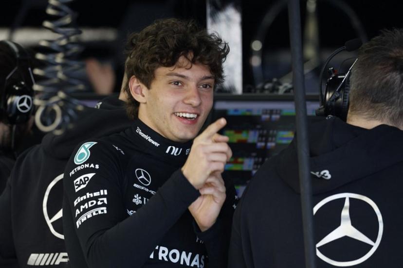 Mercedes' Italian driver Kimi Antonelli gestures in the pits before the start of the qualifying session ahead of the Formula One Japanese Grand Prix at the Suzuka circuit in Suzuka, Mie prefecture on March 28, 2026.  FRANCK ROBICHON / POOL / AFP
