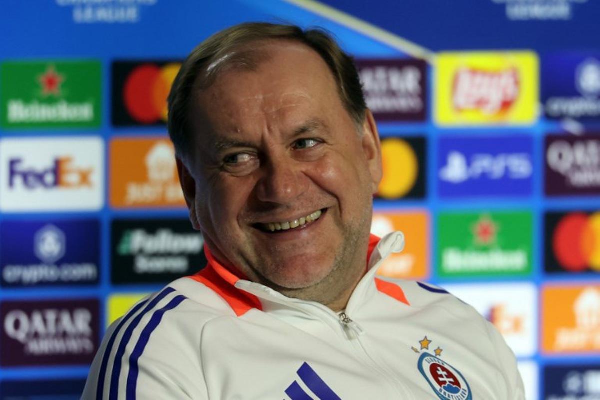 Slovan Bratislava's coach Vladimir Weiss gives a press conference on the eve of the UEFA Champions League football match against Atletico Madrid, at the Metropolitano stadium in Madrid on December 10, 2024. Pierre-Philippe MARCOU / AFP