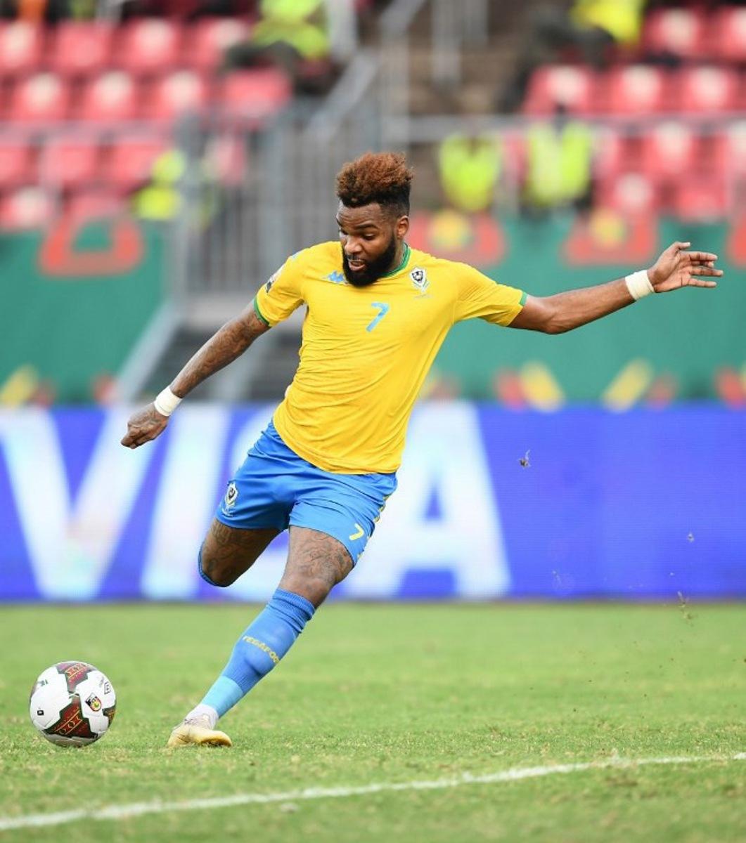 Gabon's forward Aaron Boupendza kicks the ball during the Africa Cup of Nations (CAN) 2021 round of 16 football match between Burkina Faso and Gabon at Limbe Omnisport Stadium in Limbe on January 23, 2022. Charly TRIBALLEAU / AFP