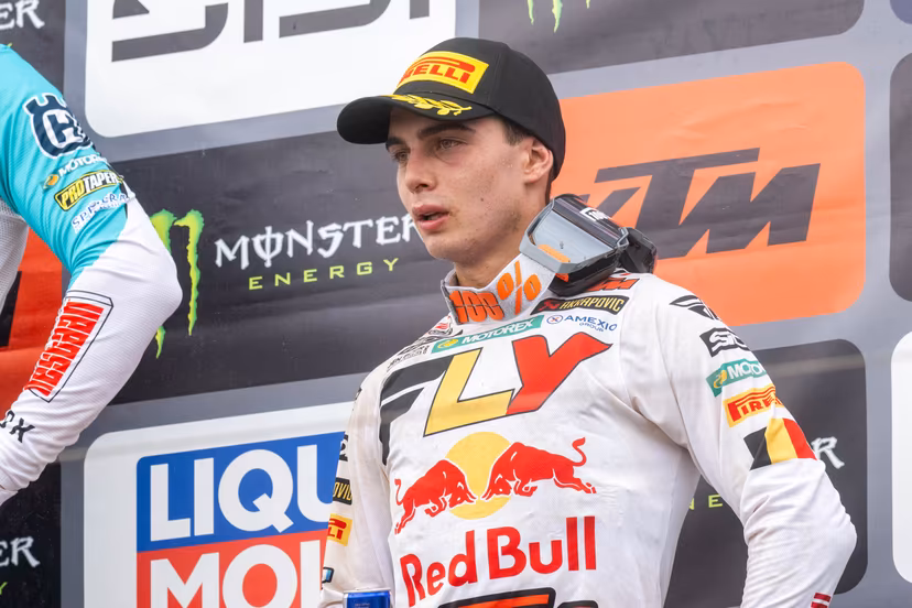 Belgium's Sacha Coenen pictured on the podium after the motocross MX2 Grand Prix Flanders, race 15/20 of the FIM Motocross World Championship, Sunday 03 August 2025 in Lommel. BELGA PHOTO JONAS ROOSENS