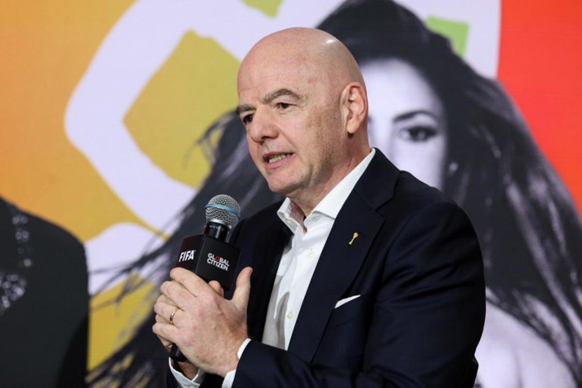 FIFA President Gianni Infantino speaks on stage for the 2026 World Cup halftime show announcement during the Global Citizen and FIFA World Cup panel at the Global Citizen NOW event in New York City on May 14, 2026. CHARLY TRIBALLEAU / AFP