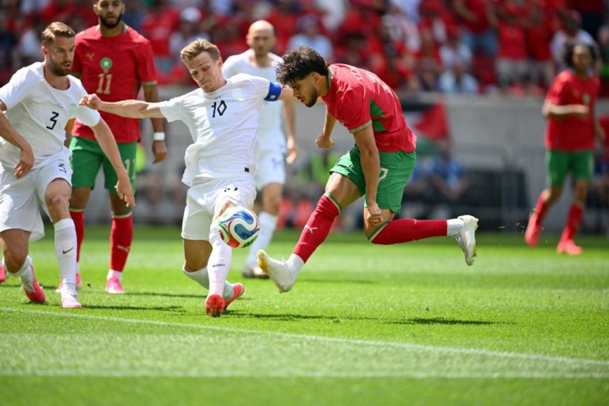 Morocco's midfielder #17 Abde Ezzalzouli shoots on goal during the international friendly football match between Morocco and Norway at Sports Illustrated Stadium in Harrison, New Jersey, on June 7, 2026. ANGELA WEISS / AFP