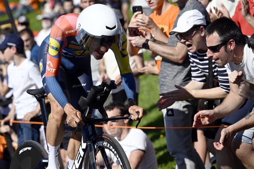 Team Lidl-Trek's Spanish rider Juan Ayuso competes in the first stage of the Basque Country's Itzulia cycling tour, a 13.8 km time trial in Bilbao on April 6, 2026. ANDER GILLENEA / AFP