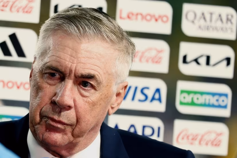 Brazil's Italian head coach Carlo Ancelotti speaks on the official TV broadcast after winning the 2026 World Cup Group C football match between Brazil and Haiti at the Philadelphia Stadium in Philadelphia on June 19, 2026. CHARLY TRIBALLEAU / AFP