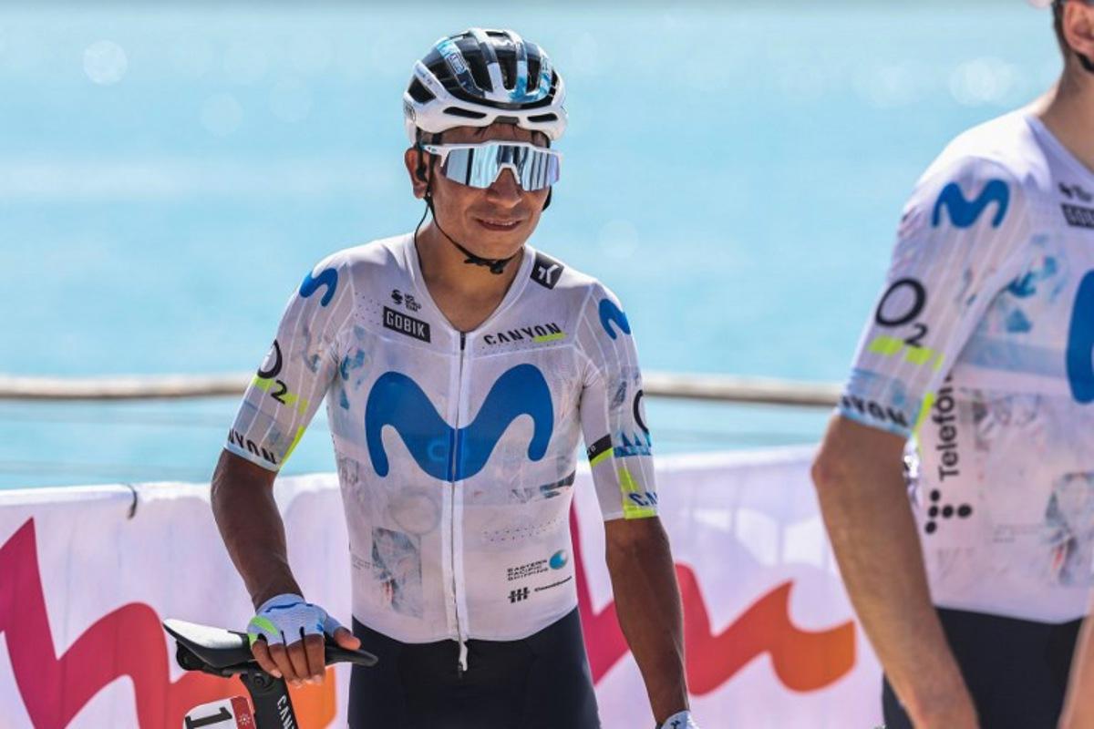 Movistar Team's Colombian rider Nairo Quintana Rojas prepares for the third stage of the UAE Tour cycling event from Umm al-Quwain to Jebel Mobrah in Umm al-Quwain on February 18, 2026. Fadel SENNA / AFP