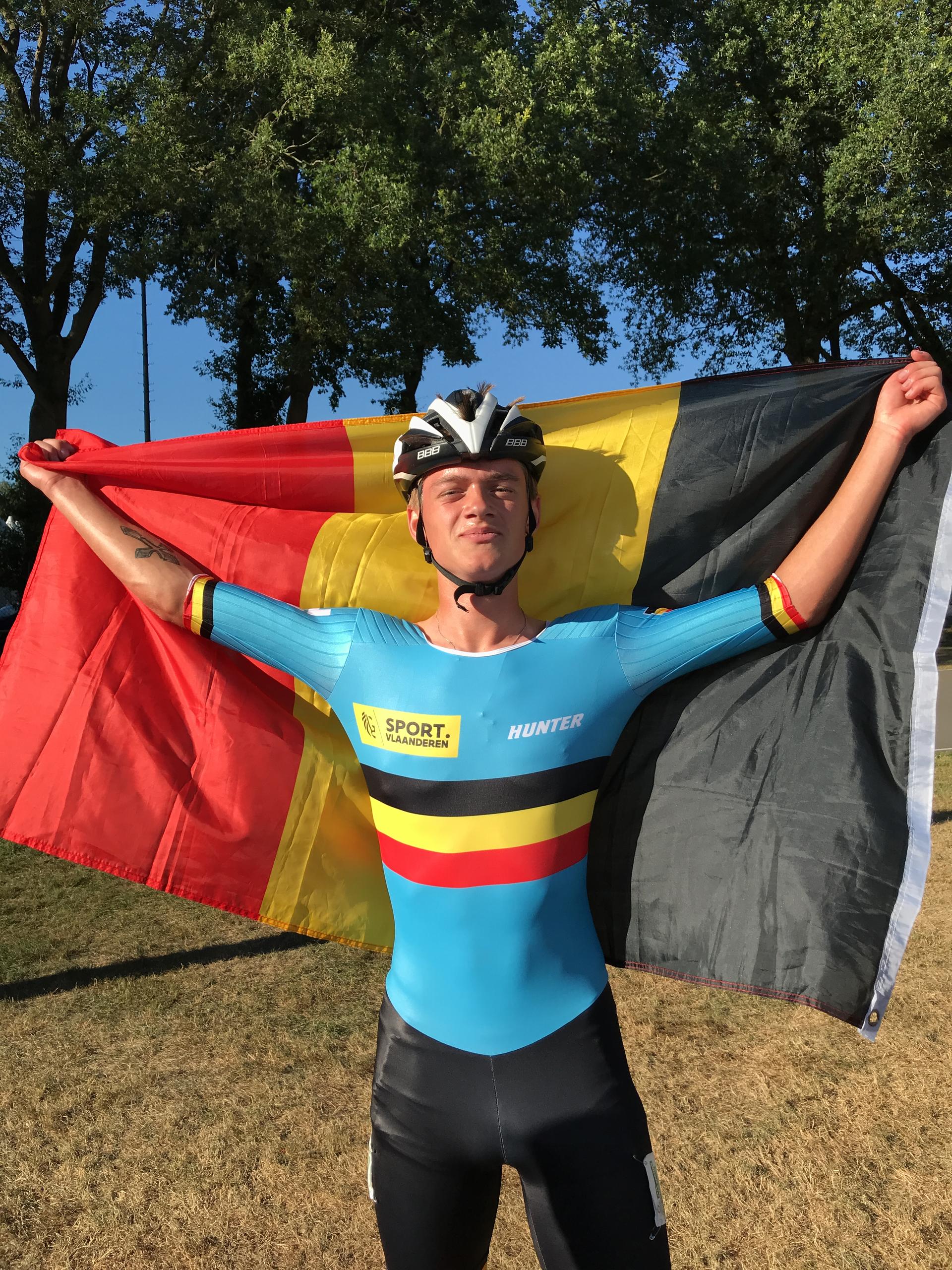 ATTENTION EDITORS - HAND OUT PICTURES - EDITORIAL USE ONLY Hand out pictures released on Sunday 01 July 2018, shows Belgian Jason Suttels celebrating his world title in the junior category at the 10.000m points elimination race, at the world championships in Heerde, Netherlands. BELGA PHOTO HAND OUT