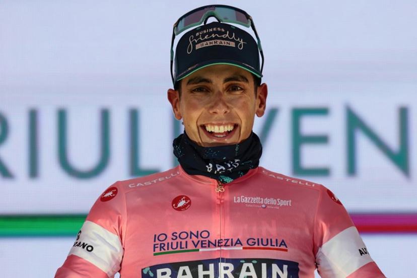 New overall leader Bahrain - Victorious Portuguese rider Afonso Eulalio celebrates on the podium after the 5th stage of the Giro d'Italia 2026 - Tour of Italy cycling race between Praia a Mare and Potenza, southern Italy on May 13, 2026. Luca BETTINI / AFP