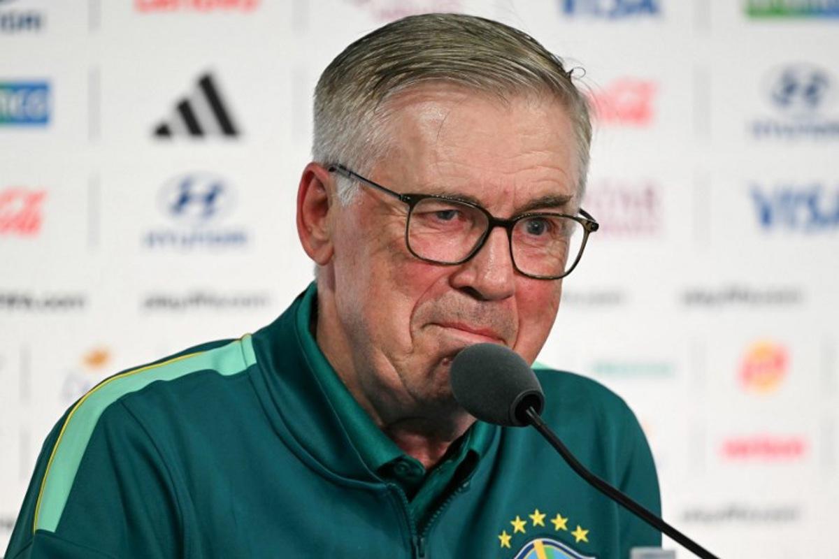 Brazil's Italian head coach Carlo Ancelotti gestures during a press conference at the New York/New Jersey Stadium in East Rutherford on June 12, 2026, on the eve of the 2026 World Cup football match between Brazil and Morocco. Mauro PIMENTEL / AFP
