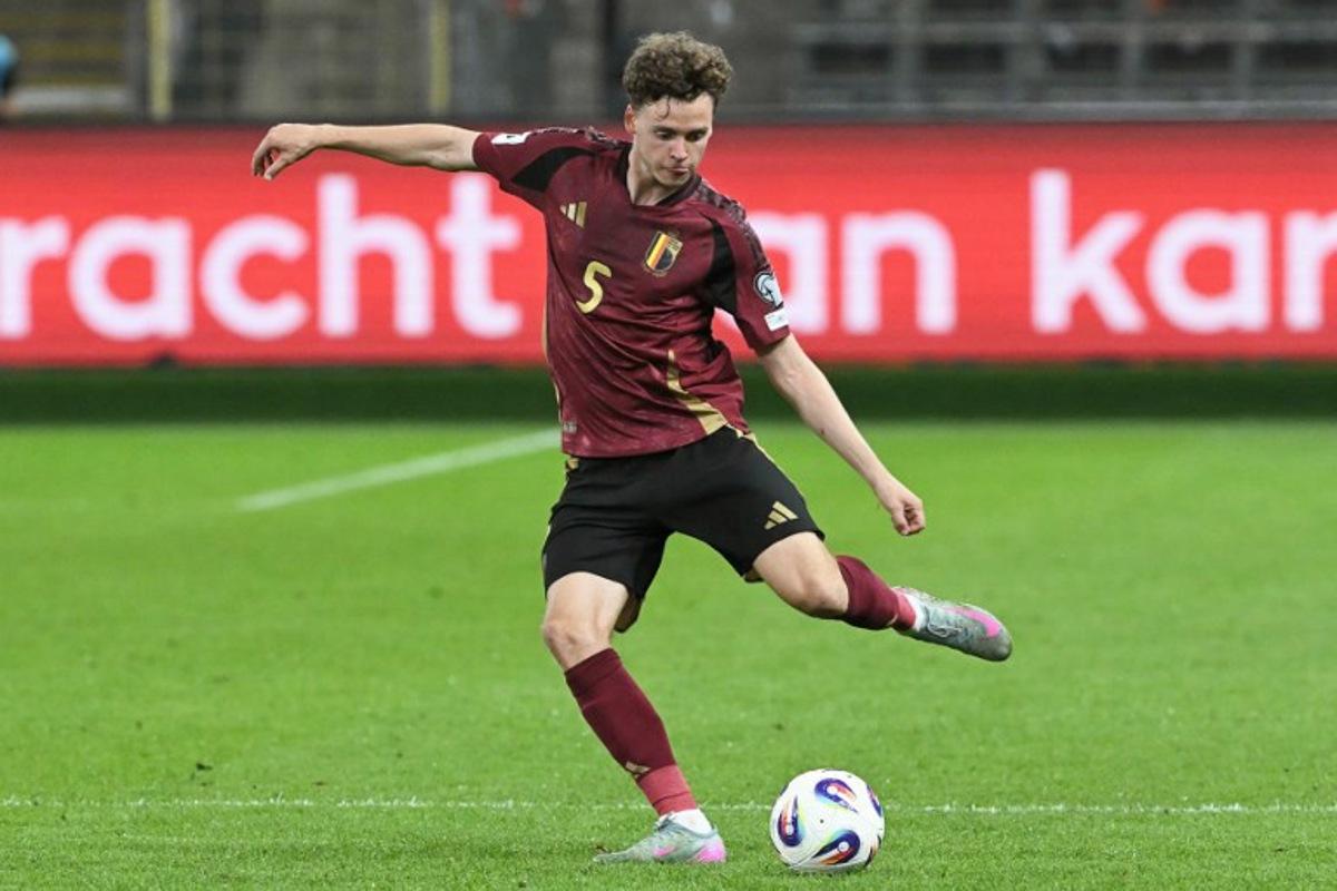 Belgium's midfielder #05 Maxim De Cuyper shoots the ball during the FIFA World cup 2026 1st round day 6, Group J qualification football match between Belgium and Kazakhstan, at the Lotto Park stadium in Anderlecht, Brussels Capital Region, on September 7, 2025. NICOLAS TUCAT / AFP