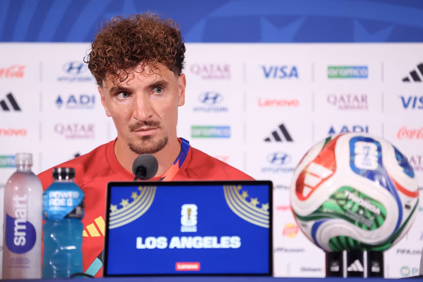 Belgium's Thomas Meunier pictured during a press conference of Belgian national soccer team Red Devils in Los Angeles, USA, on Saturday 20 June 2026. The Red Devils prepare for their second game in the group stage of the 2026 FIFA World Cup. BELGA PHOTO BRUNO FAHY