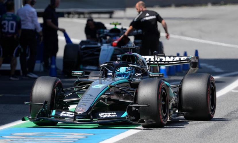 Mercedes' British driver George Russell leaves the pit lane to compete in the qualifying session at the Circuit de Catalunya ahead of the Catalonia Formula One Grand Prix in Montmelo, on the outskirts of Barcelona, on June 13, 2026. Manaure QUINTERO / POOL / AFP
