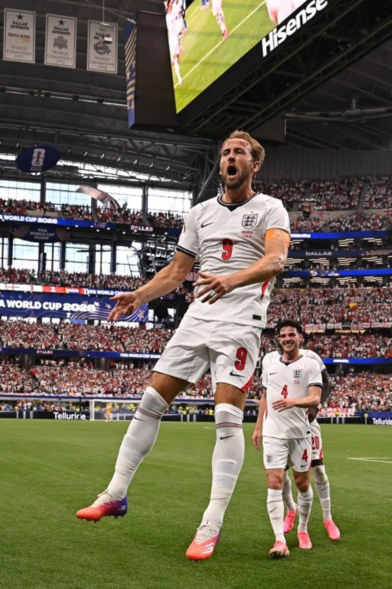 England's forward #09 Harry Kane celebrates after scoring his team's second goal during the 2026 World Cup Group L football match between England and Croatia at the Dallas Stadium in Arlington on June 17, 2026. Paul ELLIS / AFP
