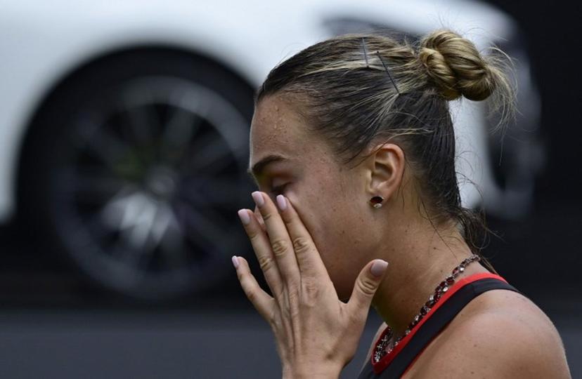 Belarus' Aryna Sabalenka reacts after losing a point against Jessica Pegula of the US during their women's singles semi-final match at the WTA500 Berlin Tennis Open tournament in Berlin on June 20, 2026. John MACDOUGALL / AFP