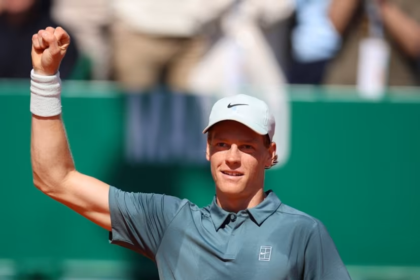Italy's Jannik Sinner celebrates after winning over Czech Republic's Tomas Machac during their Monte Carlo ATP Masters Series Tournament round of 16 tennis match on Court Rainier III at the Monte-Carlo Country Club in Roquebrune-Cap-Martin, south-eastern France on April 9, 2026. Valery HACHE / AFP