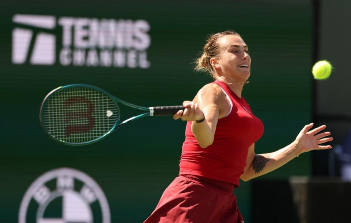 Belarus' Aryna Sabalenka returns the ball to Russia's Mirra Andreeva during the women's singles final tennis match at the BNP Paribas Open at the Indian Wells Tennis Garden in Indian Wells, California, on March 16, 2025. Patrick T. Fallon / AFP
