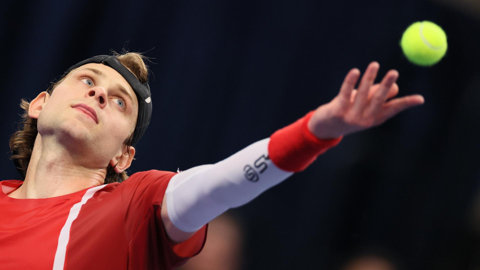 Belgian Zizou Bergs pictured in action during a game between Belgian Bergs and Chilean Garin, the fourth match in the Davis Cup qualifiers World Group tennis meeting between Belgium and Chile, , in Hasselt. BELGA PHOTO BENOIT DOPPAGNE