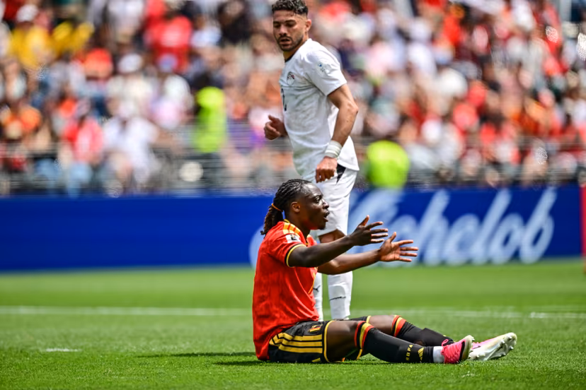 Belgium's Jeremy Doku reacts during a soccer game between Belgian national team Red Devils and Egypt, on Monday 15 June 2026 in Seattle, the first game in the group stage of the FIFA World Cup 2026 in the United States of America. The Diables Rouges - Rode Duivels were drawn into Group G. BELGA PHOTO DIRK WAEM