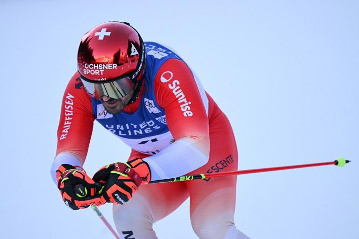 Switzerland's Loic Meillard races during the first run of the men's Giant Slalom event during the 2025 FIS Alpine World Cup Finals at Sun Valley Resort in Sun Valley in Sun Valley, Idaho, on March 26, 2025. Patrick T. Fallon / AFP