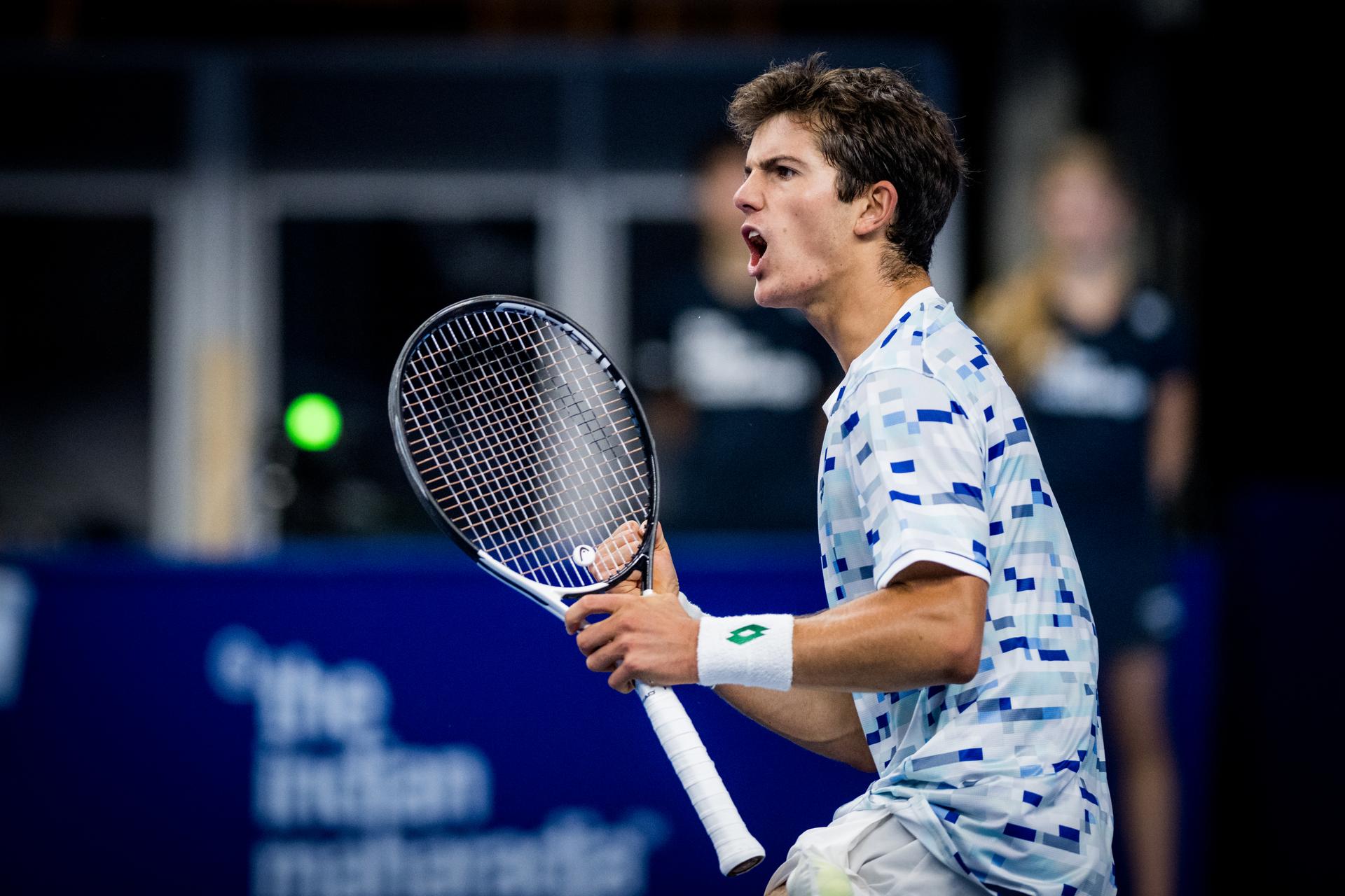 Belgian Gilles-Arnaud Bailly celebrate after winning a tennis match in the qualification phase for the ATP European Open Tennis tournament in Antwerp, Monday 14 October 2024. BELGA PHOTO JASPER JACOBS