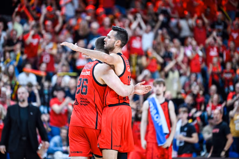 Antwerp's Yoeri Schoepen celebrates during a basketball match between Antwerp Giants and BC Oostende, Saturday 13 June 2026, in Antwerp, the fifth and last deciding match of the Final of the Playoffs of the 'BNXT League' Belgian/ Dutch first division basket championship. BELGA PHOTO TOM GOYVAERTS