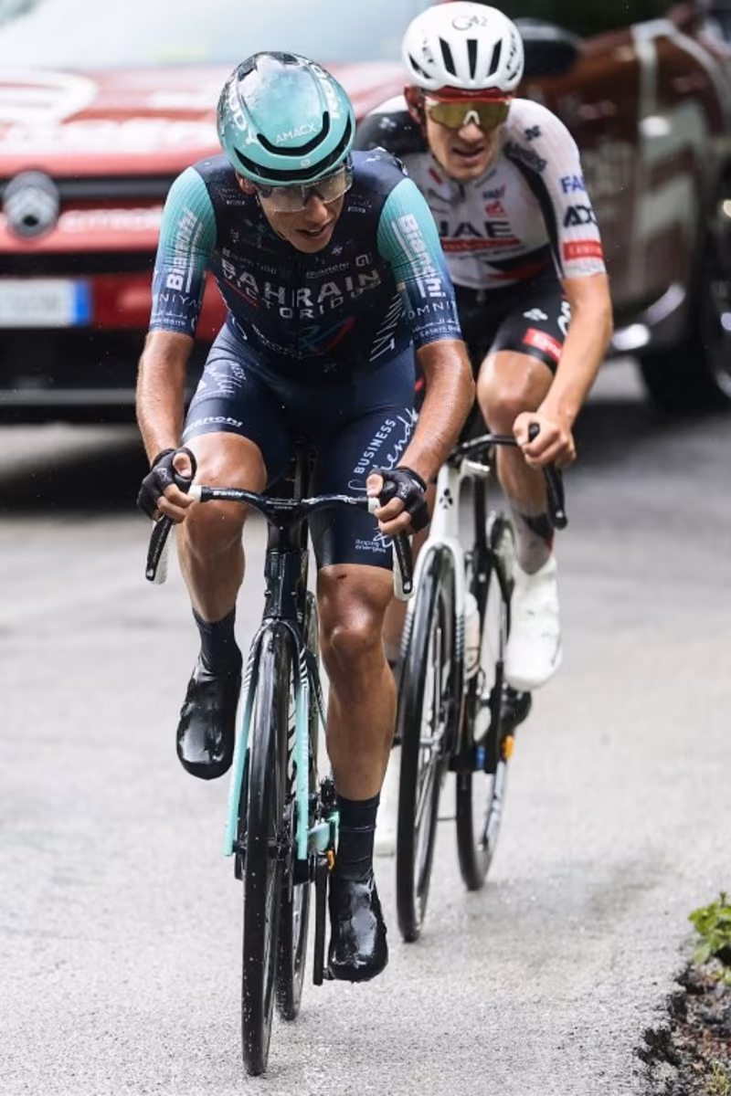 Bahrain - Victorious Portuguese rider Afonso Eulalio (Front) and UAE Team Emirates - XRG Spanish rider Igor Arrieta ride in a breakaway during the 5th stage of the Giro d'Italia 2026 - Tour of Italy cycling race between Praia a Mare and Potenza, southern Italy on May 13, 2026. Luca BETTINI / AFP