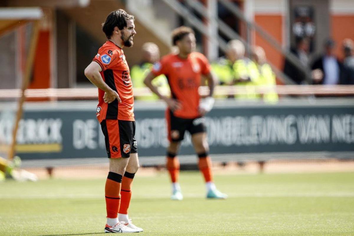 FC Volendam English defender #05 George Cox looks on during the Dutch Eredivisie football match between FC Volendam and Ajax at the Kras stadium, in Volendam on May 5, 2024. Bart Stoutjesdijk / ANP / AFP