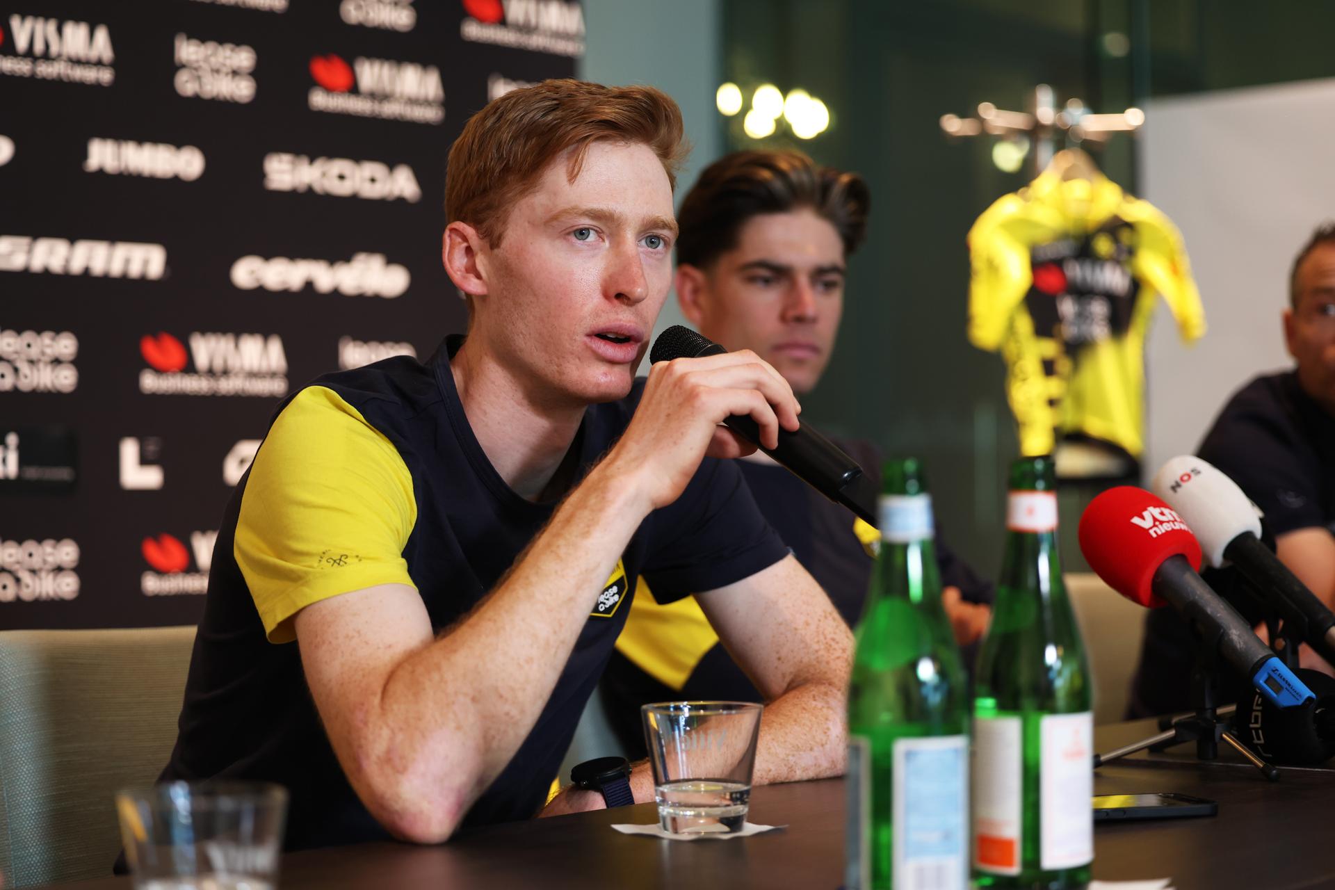 Matteo Jorgenson and Wout van Aert pictured during a press conference of the Team Visma-Lease a Bike cycling team ahead of the Ronde van Vlaanderen / Tour des Flandres / Tour of Flanders cycling race, Friday 04 April 2025 in Deerlijk. The 109th edition of the cycling race will take place on Sunday 06 April. BELGA PHOTO KURT DESPLENTER