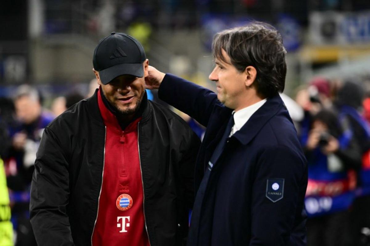 Inter Milan's Italian coach Simone Inzaghi (R) greets Bayern Munich's Belgian head coach Vincent Kompany before the UEFA Champions League quarter final second leg football match between Inter Milan and Bayern Munich at the San Siro stadium in Milan on April 16, 2025. Marco BERTORELLO / AFP