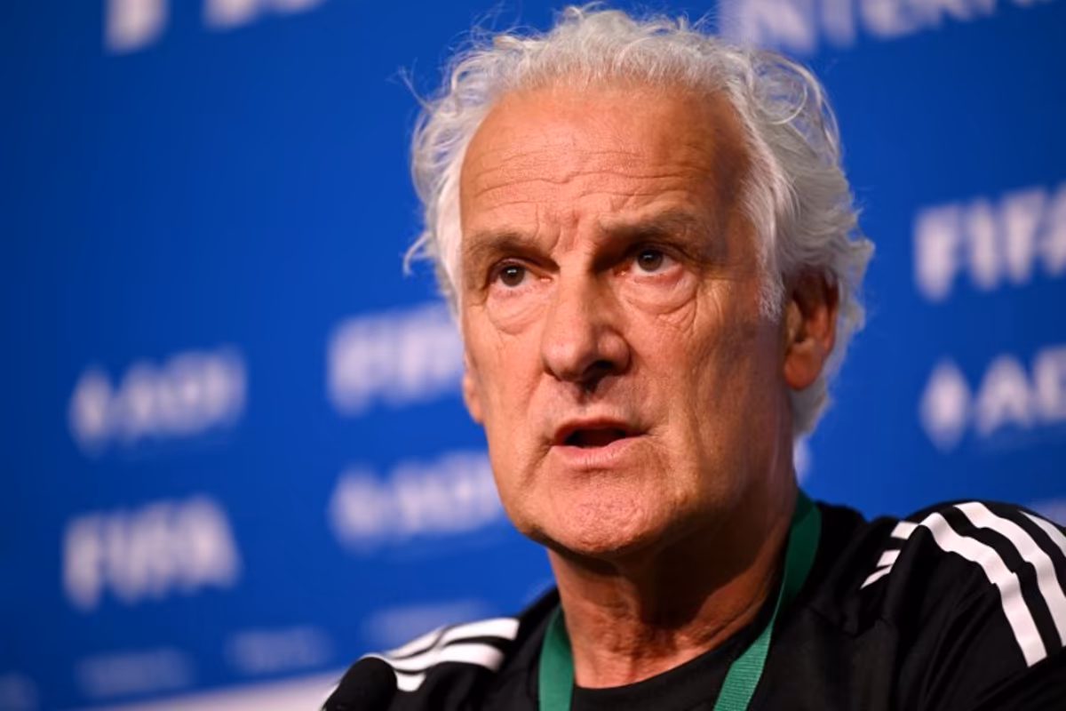 Curacao's head coach Fred Rutten speaks to the media in Melbourne on March 30, 2026, ahead of their international friendly football match against Australia. William WEST / AFP