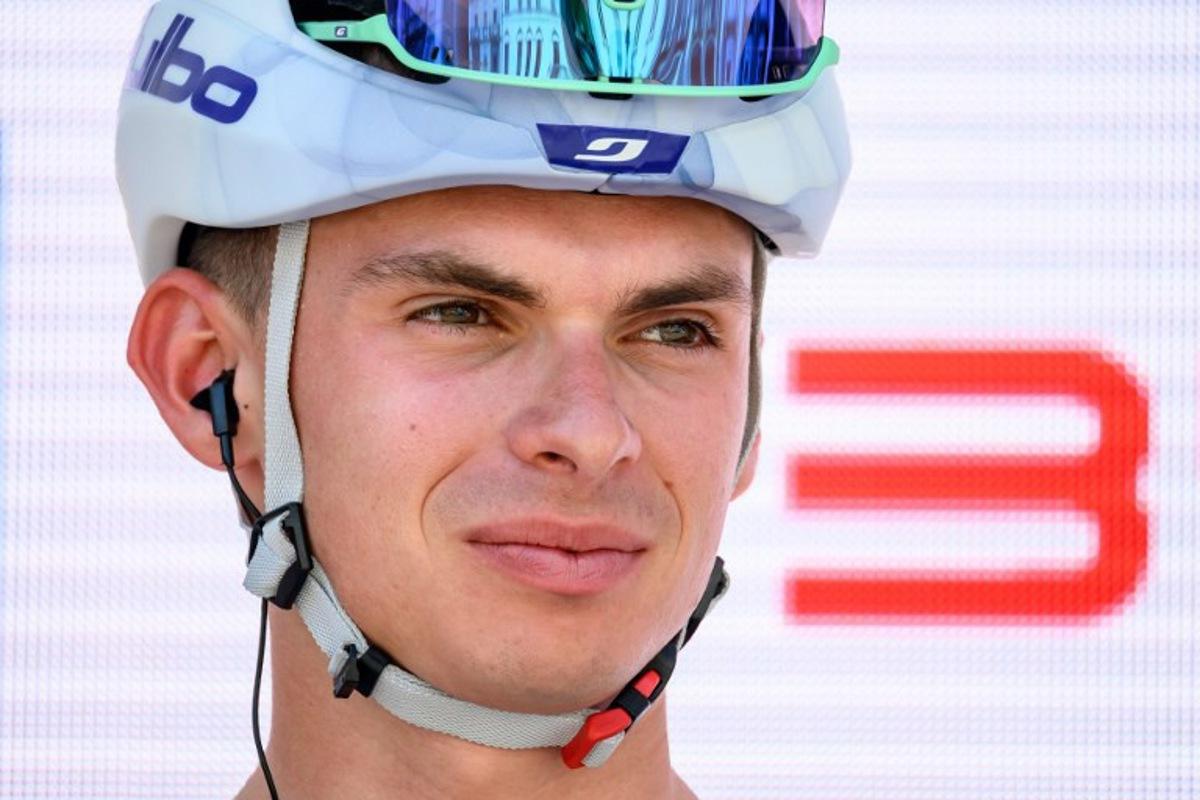 Groupama-FDJ's French rider Romain Gregoire looks on during the team presentation of the second stage of the Men's Tour of Switzerland (Tour de Suisse) cycling race in Locarno, Switzerland, on June 18, 2026. Fabrice COFFRINI / AFP