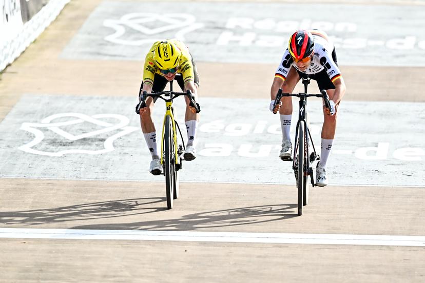 Dutch Marianne Vos of Team Visma-Lease a Bike and German Franziska Koch of FDJ United-SUEZ pictured in action during the women's Paris-Roubaix cycling race, Sunday 12 April 2026, around Roubaix, France. The 123rd edition of Paris-Roubaix cycling races will take on Sunday, with the women riding 143,1 km the men riding 258,3 km on Sunday. BELGA PHOTO JASPER JACOBS