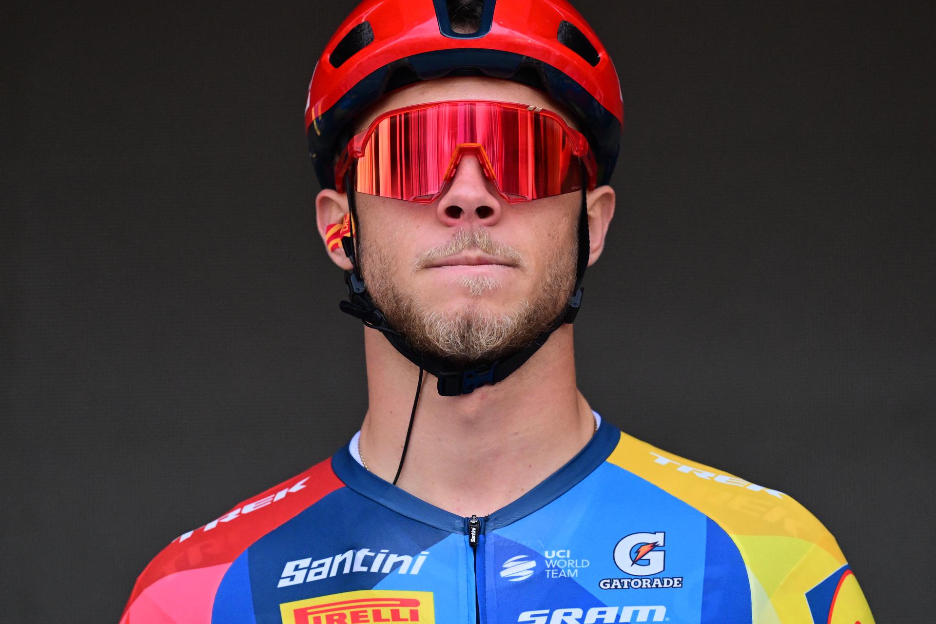 France's Jonathan Milan of Lidl-Trek pictured during the team presentation at the start of the 78th edition of the men elite race of the Kuurne-Brussels-Kuurne one day cycling race, 195 km from Kuurne to Kuurne via Brussels, Sunday 01 March 2026. BELGA PHOTO DIRK WAEM