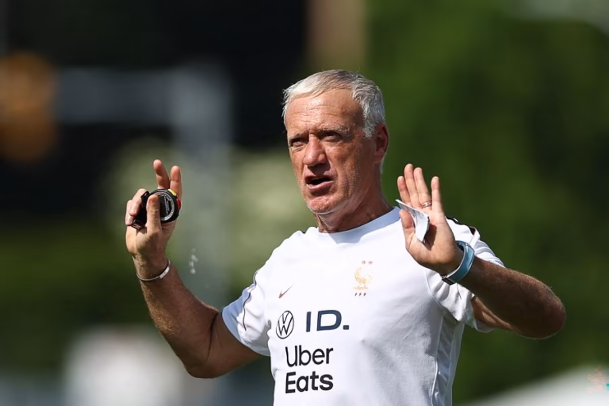 France's head coach Didier Deschamps gestures as he leads a training session at Bentley University, the team's base camp, during the 2026 World Cup football tournament in Waltham, near Boston, on June 12, 2026. FRANCK FIFE / AFP
