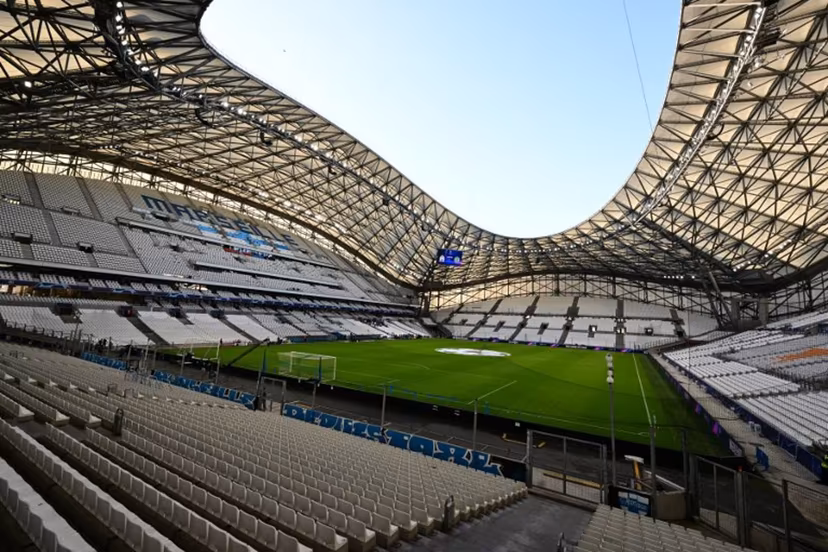 This picture taken on October 4, 2022 shows the empty tribune of the Stade Velodrome prior the UEFA Champions League, Group D football match, between Olympique Marseille (OM) and Sporting Lisbon, in Marseille, southern France on October 4, 2022. NICOLAS TUCAT / AFP