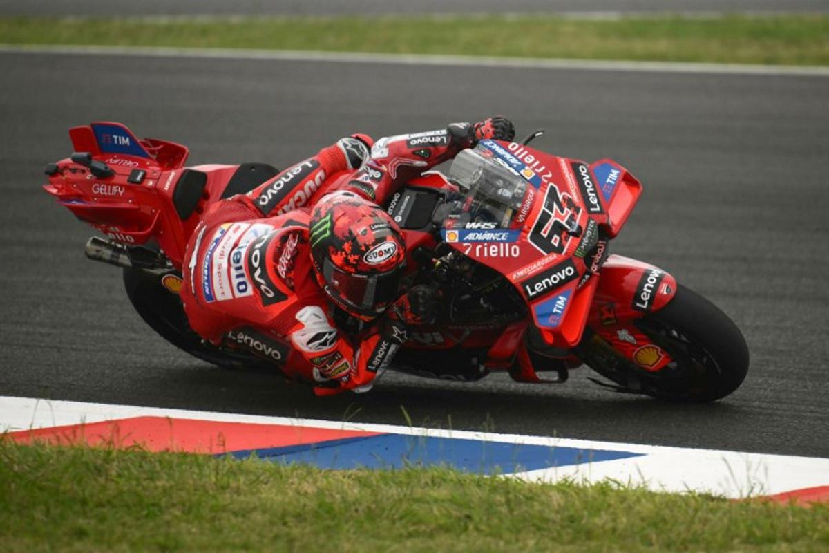 Ducati Lenovo's Italian rider Francesco Bagnaia rides during the MotoGP Argentina Grand Prix race at the Termas de Rio Hondo circuit in Santiago del Estero, Argentina on March 16, 2025. Luis ROBAYO / AFP