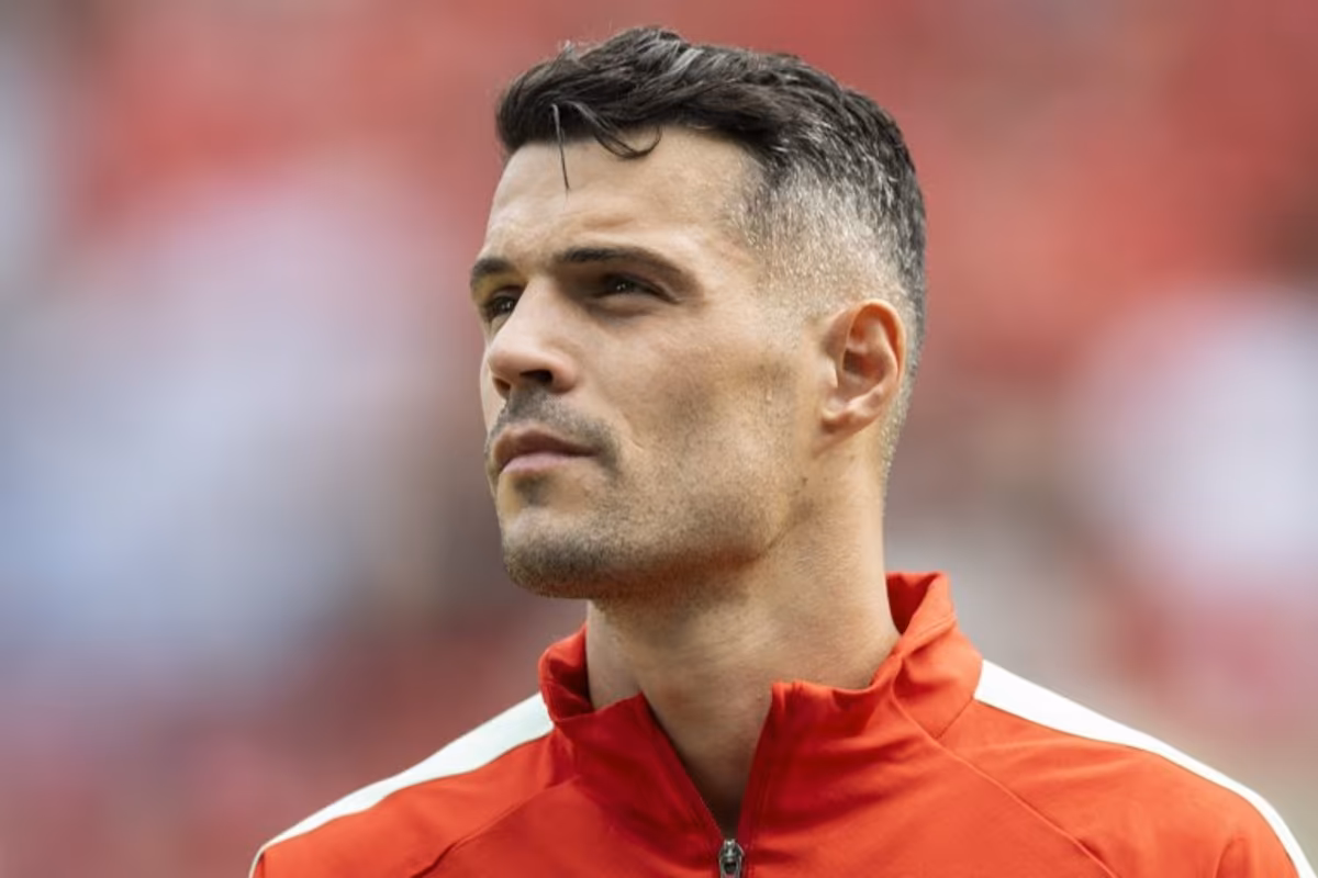 Switzerland's midfielder #10 Granit Xhaka poses prior to a friendly match between Switzerland and Jordan ahead of the 2026 FIFA World Cup football tournament at the Kybunpark stadium, in St. Gallen, on May 31, 2026. Ennio LEANZA / AFP