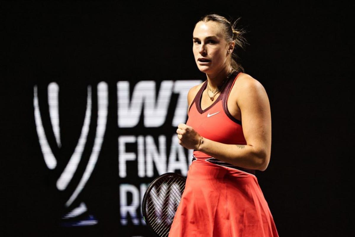 Belarus' Aryna Sabalenka reacts after a point against USA's Jessica Pegula during their tennis match at the WTA Finals in Riyadh on November 4, 2025. Fayez NURELDINE / AFP