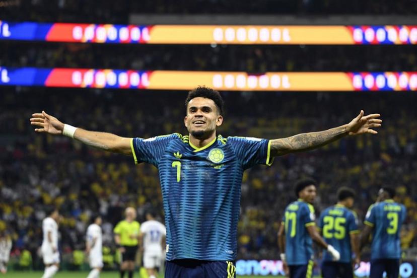 Colombia's forward #07 Luis Diaz celebrates scoring his team's second goal during the 2026 World Cup Group K football match between Uzbekistan and Colombia at the Mexico City Stadium in Mexico City on June 17, 2026. Alfredo ESTRELLA / AFP