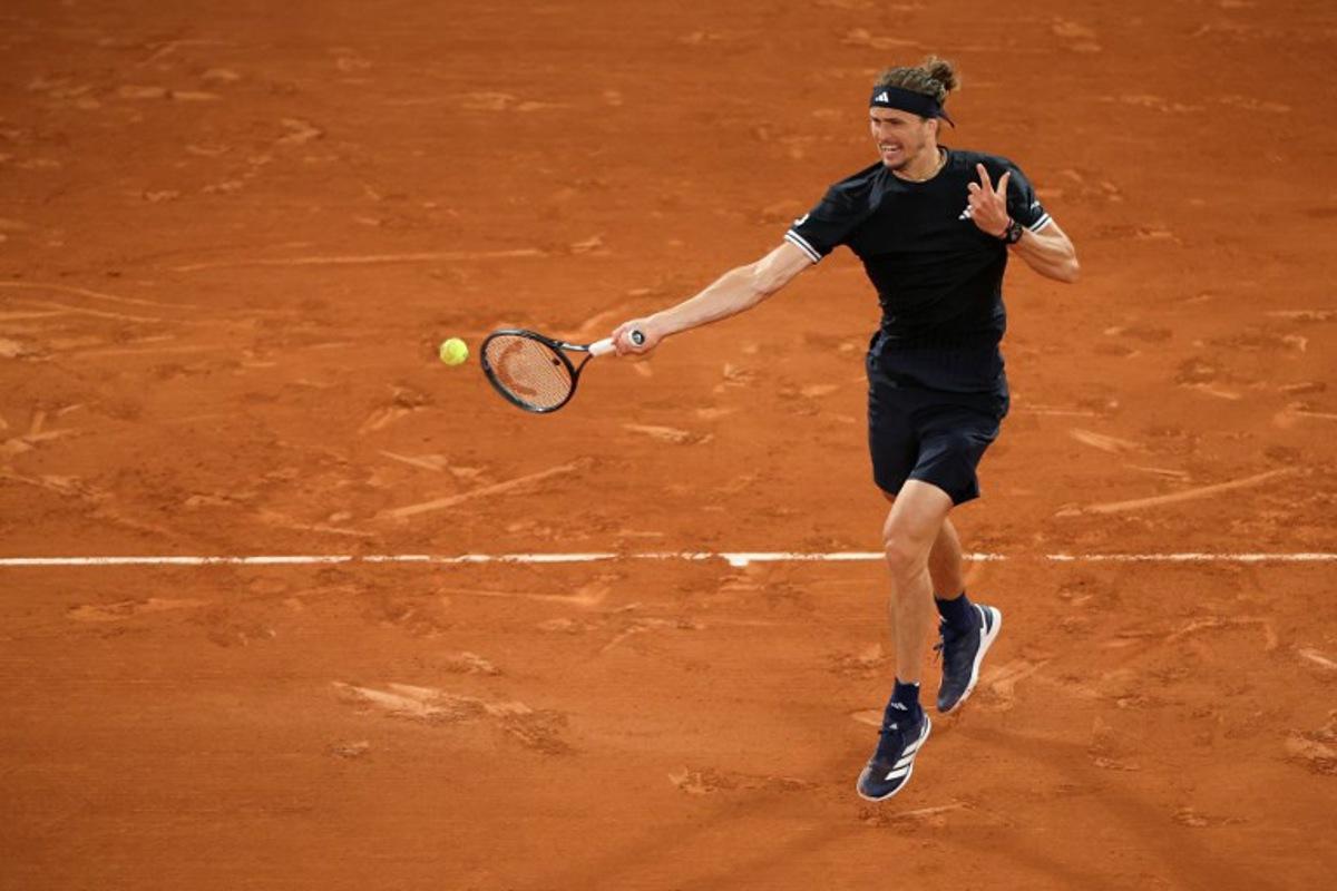 Germany's Alexander Zverev plays a forehand return to Spain's Rafael Jodar during their men's quarter final singles match on day 10 of the French Open tennis tournament on Court Philippe-Chatrier at the Roland-Garros Complex in Paris on June 2, 2026. Alain JOCARD / AFP