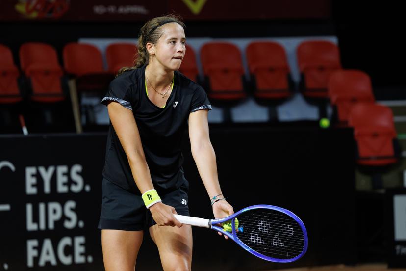 Belgian Hanne Vandewinkel pictured in action during a training session of Belgian team ahead of the meeting between Belgium and USA, in the qualifiers of the Billie Jean King Cup tennis, in Oostende, Belgium, on Tuesday 07 April 2026. The game will be played on 10 and 11th April. PHOTO KURT DESPLENTER