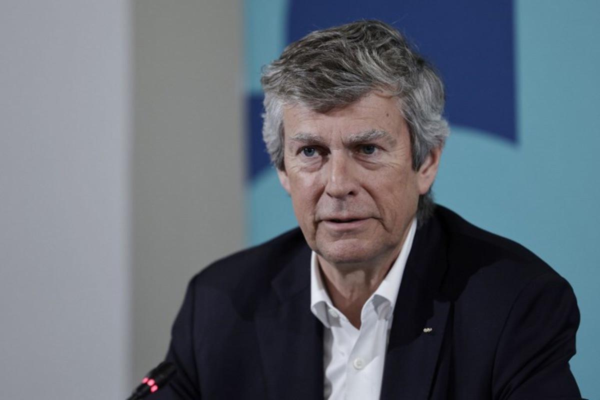 Pierre-Olivier Beckers-Vieujant, Chair of the International Olympic Committee's (IOC) Coordination Commission for the Olympic Games Paris 2024, speaks during a press conference of the International Olympic Committee (IOC) and of Paris-2024 in Saint-Denis, north of Paris, on March 8, 2024, ahead of the upcoming 2024 Olympic Games in Paris. STEPHANE DE SAKUTIN / AFP