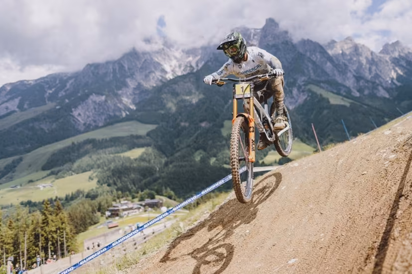 France's Amaury Pierron competes during the men's Downhill Competition of the UCI Mountain Bike World Cup in Leogang, Austria, on June 11, 2022. JFK / APA / AFP