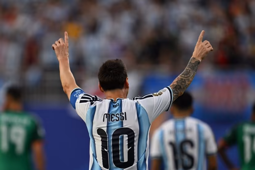 Argentina's forward #10 Lionel Messi celebrates scoring his team's first goal during the 2026 World Cup Group J football match between Argentina and Algeria at the Kansas City Stadium in Kansas City on June 16, 2026. Roberto SCHMIDT / AFP