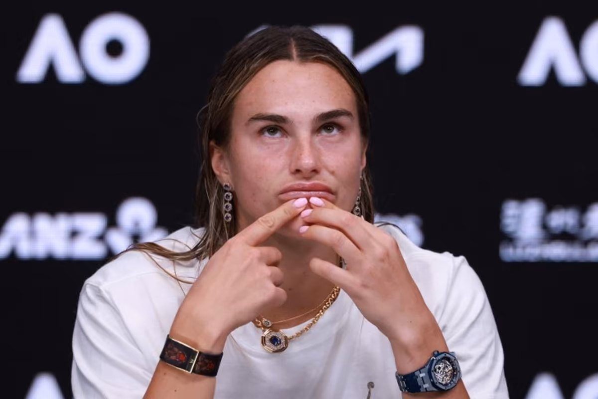 Belarus' Aryna Sabalenka speaks during a press conference after her defeat against Kazakhstan's Elena Rybakina during their women's singles final match on day fourteen of the Australian Open tennis tournament in Melbourne on January 31, 2026. DAVID GRAY / AFP