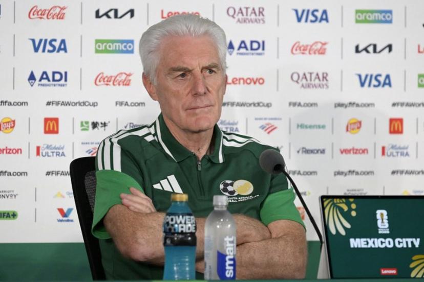 South Africa's Belgian head coach Hugo Broos gives a press conference at the Mexico City Stadium in Mexico City on June 10, 2026, on the eve of the 2026 World Cup football match between Mexico and South Africa. Alfredo ESTRELLA / AFP